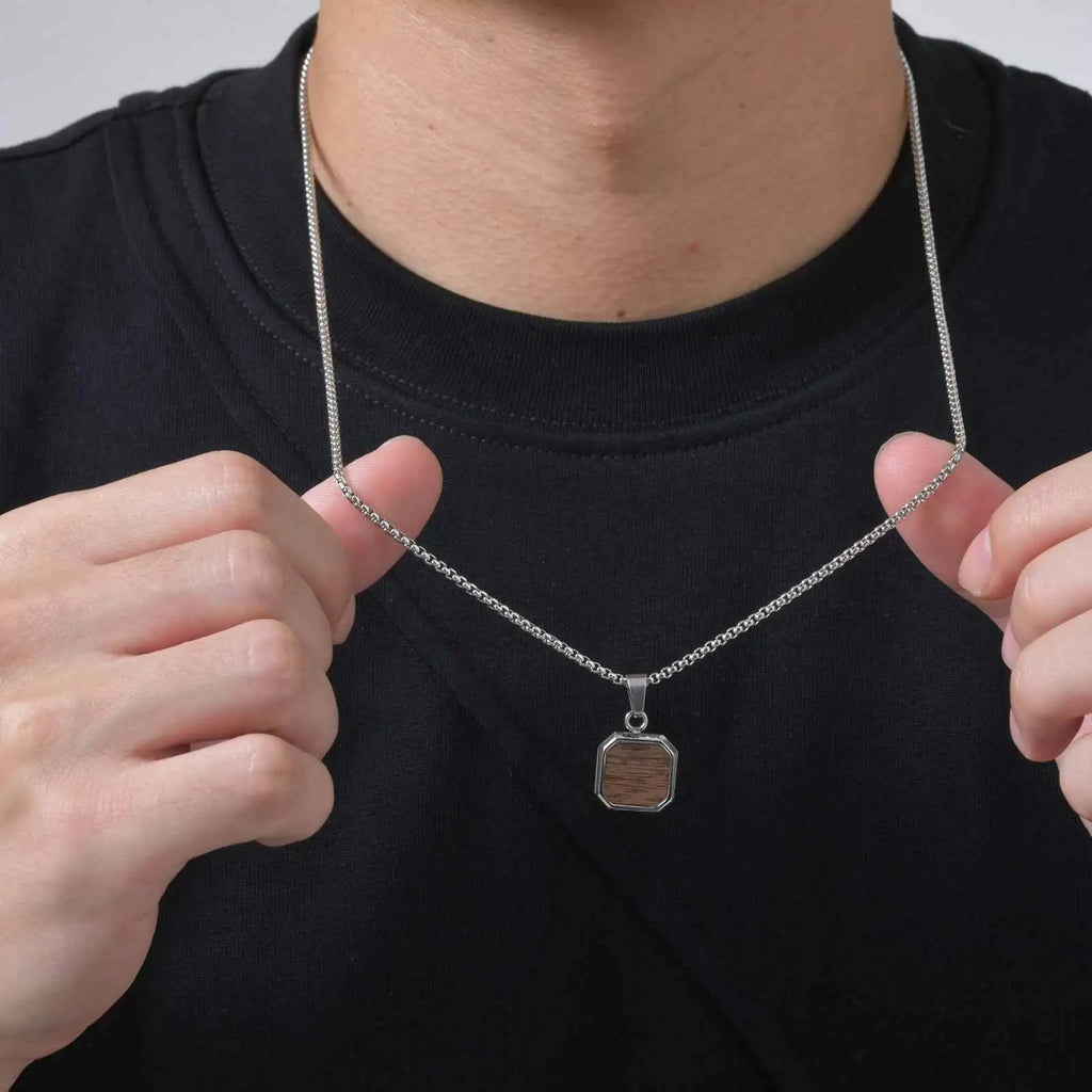 Trend Wood Square Necklace for Men,Brown Color Stainless Steel Rectangle Pendant Necklaces with Box Chain,50/55/60CM