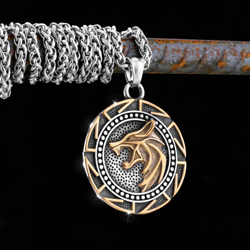 Mens Vintage Viking Wolf Pendant Runes Necklace Punk Street Rock Nordic Stainless Steel Odin Wolf Head Necklace Fashion