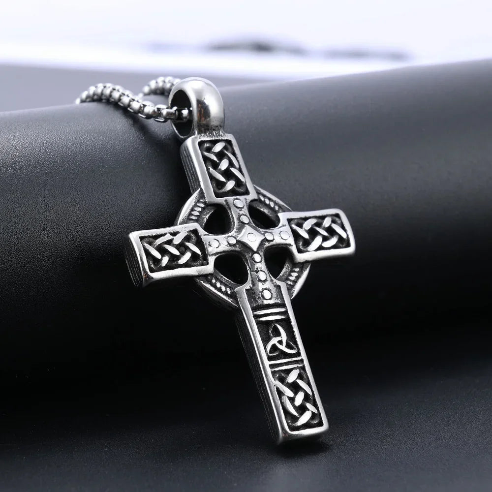 Vintage Celtic Cross Pendant Necklace Men's — Silver-Tone