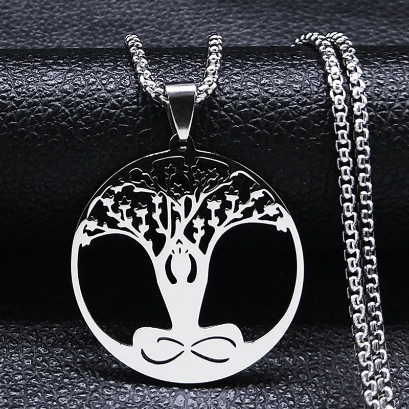 Buddhism Meditation Buddha Yoga Pendant Necklace Stainless Steel Tree of Life Buddhist Chakras Reiki Chain Jewelry Collar
