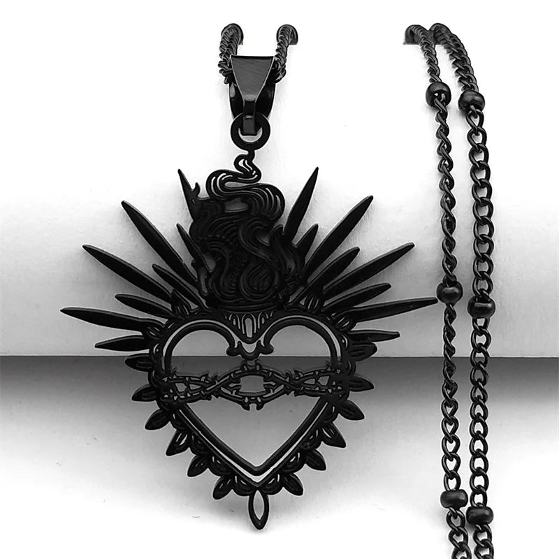 Sacred Heart Enamel Pendant — Black Stainless