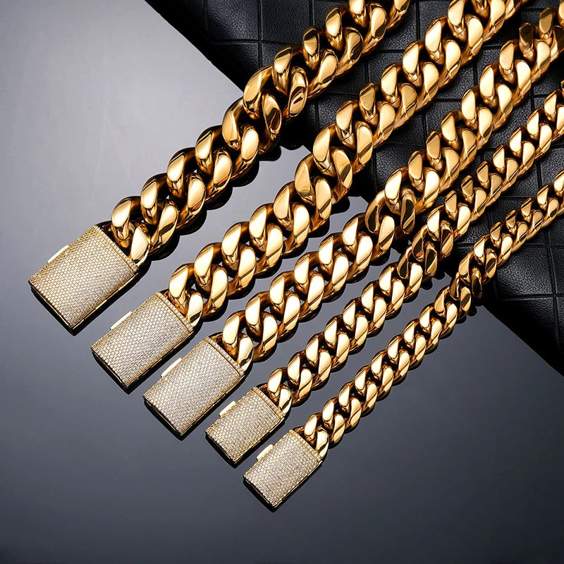 12/14/18/20/22mm Big Heavy Solid Stainless Steel Cuban Miami Link Chain Necklaces for Men Hip Hop Bling Iced out Rapper Jewelry