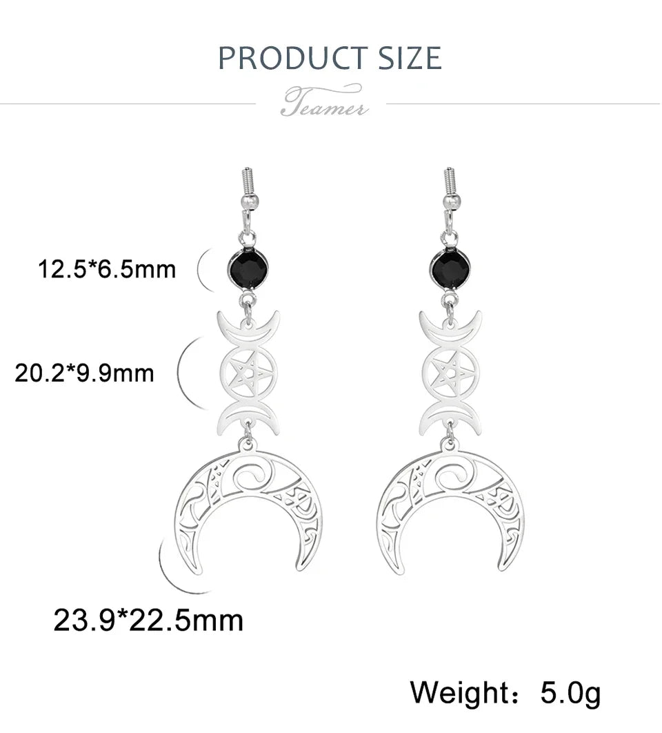 Teamer Vintage Triple Witch Moon Pentagram Goddess Earrings for Women Witchcraft Stainless Steel Amulet Jewelry Gifts
