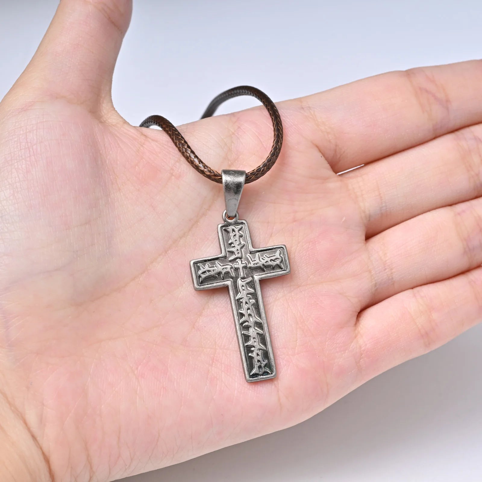 Vnox Men's Stainless Steel Thorn Crown Cross Pendant Necklace, Retro Brown Black Wax Rope Chain, Religious Jewelry