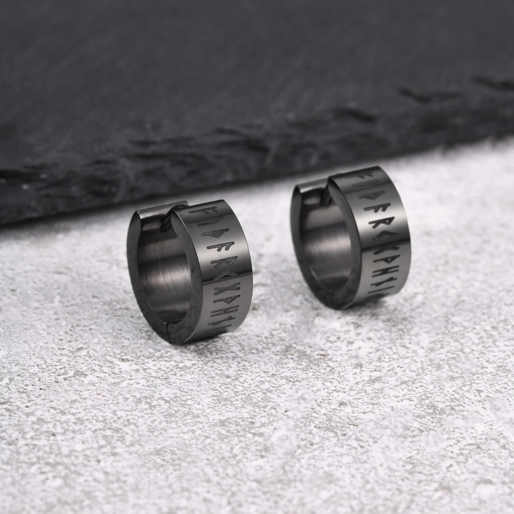 Norse Viking Rune Huggie Hoop Earrings — Two-Tone Steel