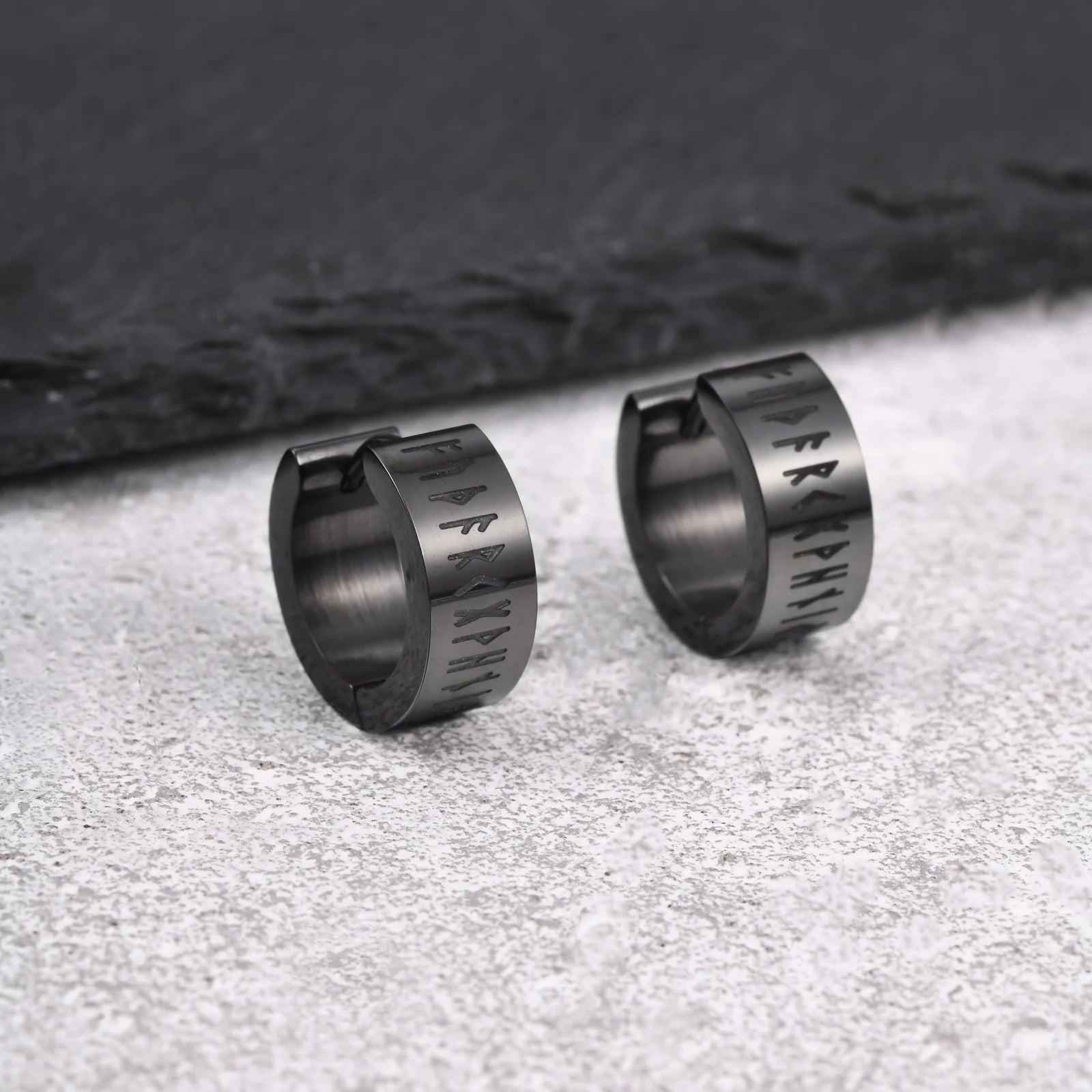 Norse Viking Rune Huggie Hoop Earrings — Two-Tone Steel