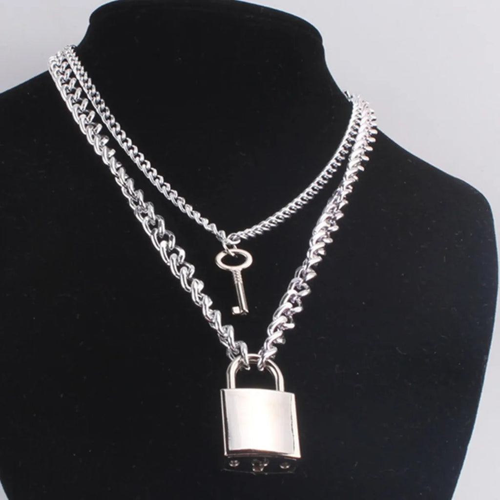Punk Solid Stainless Steel Chain Oversized Padlock Necklace Women Mens Unisex Chunky Heavy Lock Key Necklace Handmade Jewelry