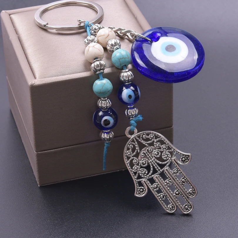 1Pc Vintage Fatima Hamsa Hand Pendant Women Key Chain Bule Glass Round Lucky Amulet Turkish Evil Eye Tassel Keyring Jewelry Bulk