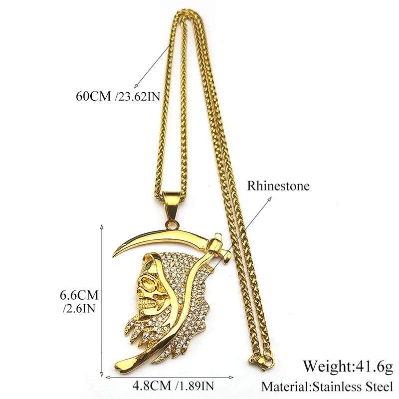 Stainless Steel Rhinestones Saint Death Santa Muerte Grim Reaper Pendant Necklace for Women Men Gold Plated Sickle