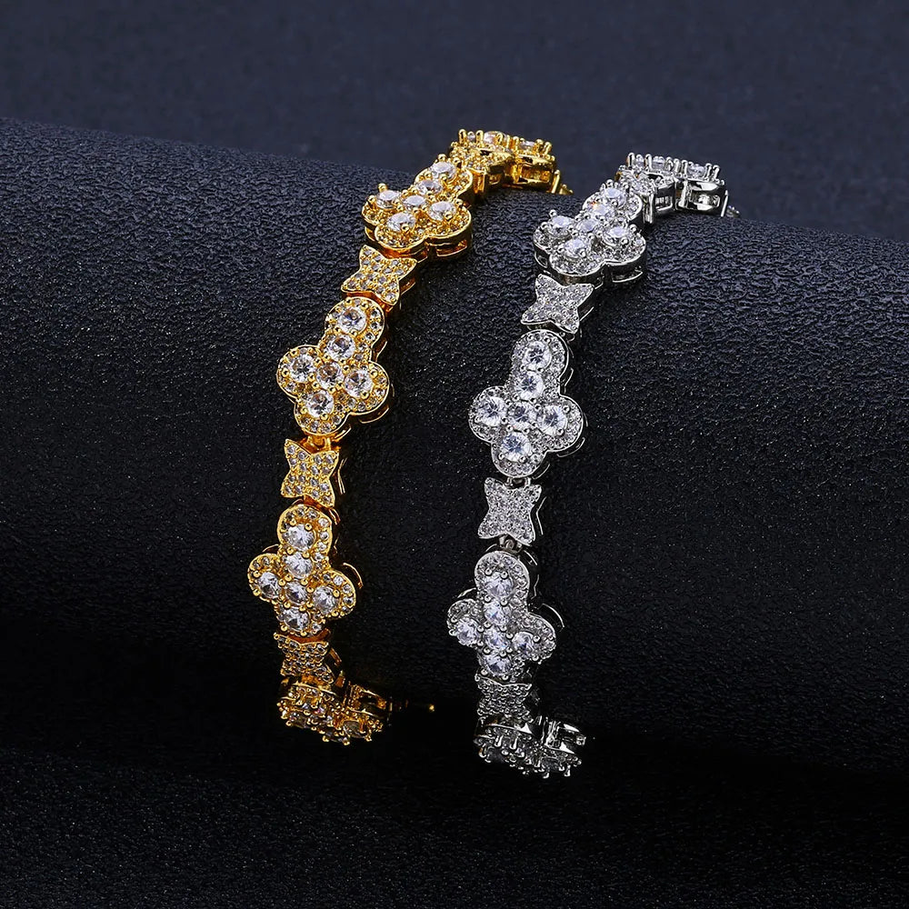 Gold Cross Bracelet Iced Out 10MM Flower Star