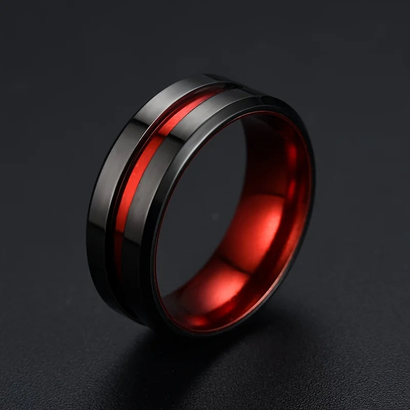 Fashion Men's Stainless Steel Rings 8mm Classical Black Blue Groove Beveled Edge Wedding Engagement Anniversary Jewelry