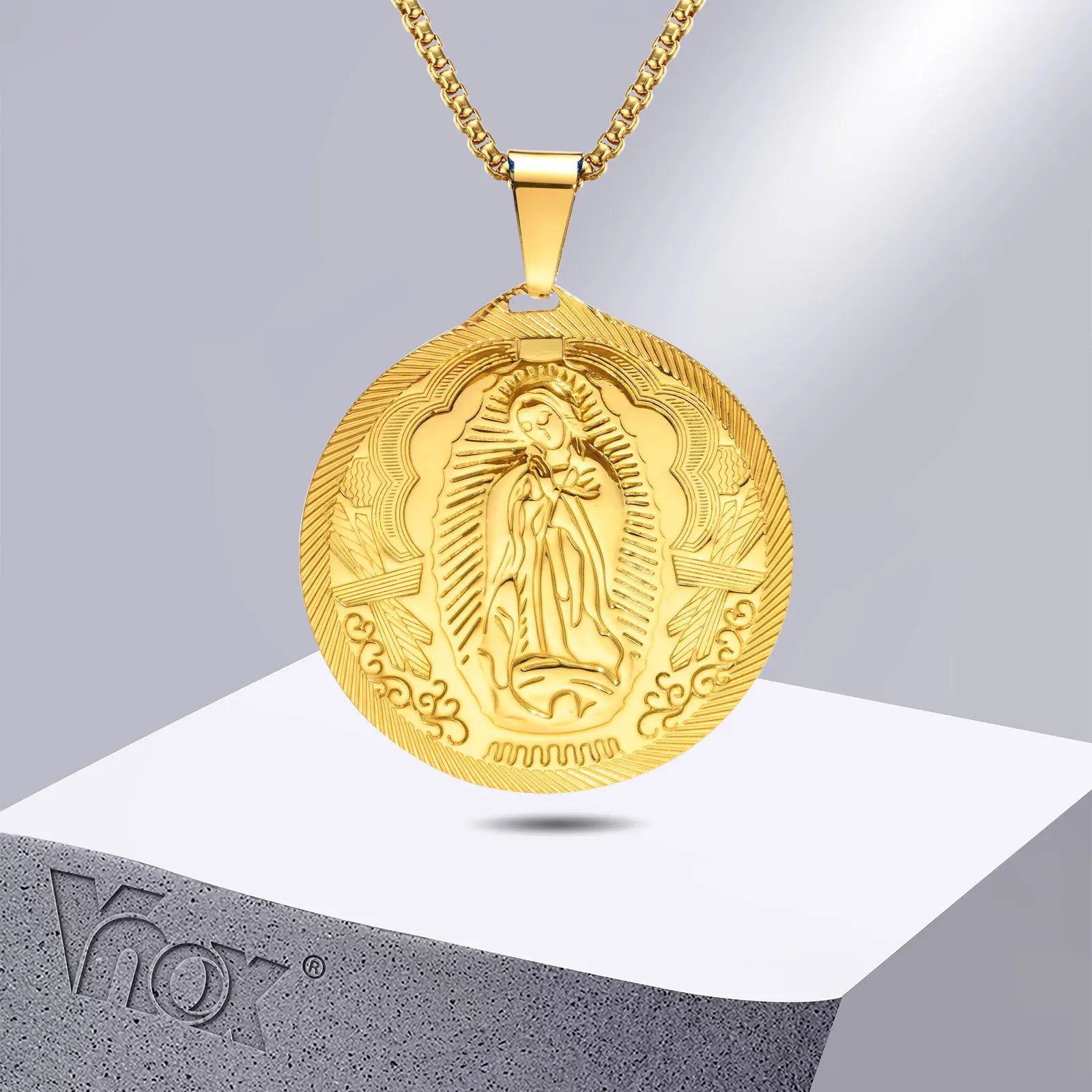 Vnox Gold Color Virgin Mary Pendant Necklaces for Men Women,Stainless Steel Metal Mother Mary Collar Religious Gifts