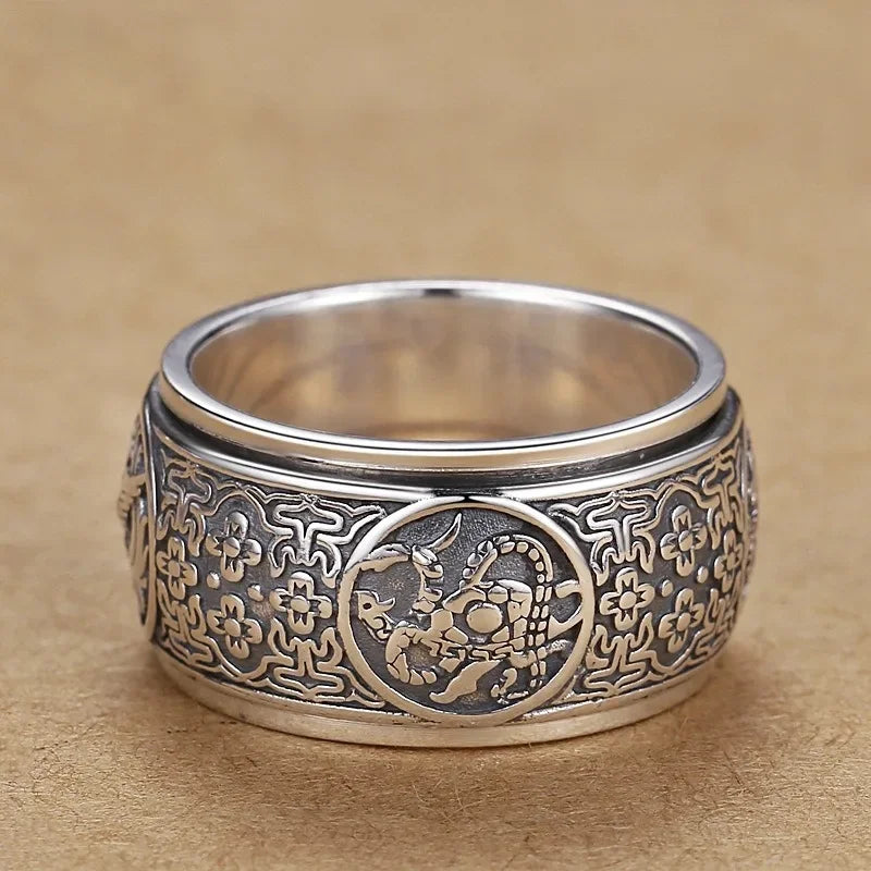 Classic Style Rotatable/Four Great Divine Beast Domineering 925 Silver Mens Rings Vintage Wide Ring Exquisite Charm