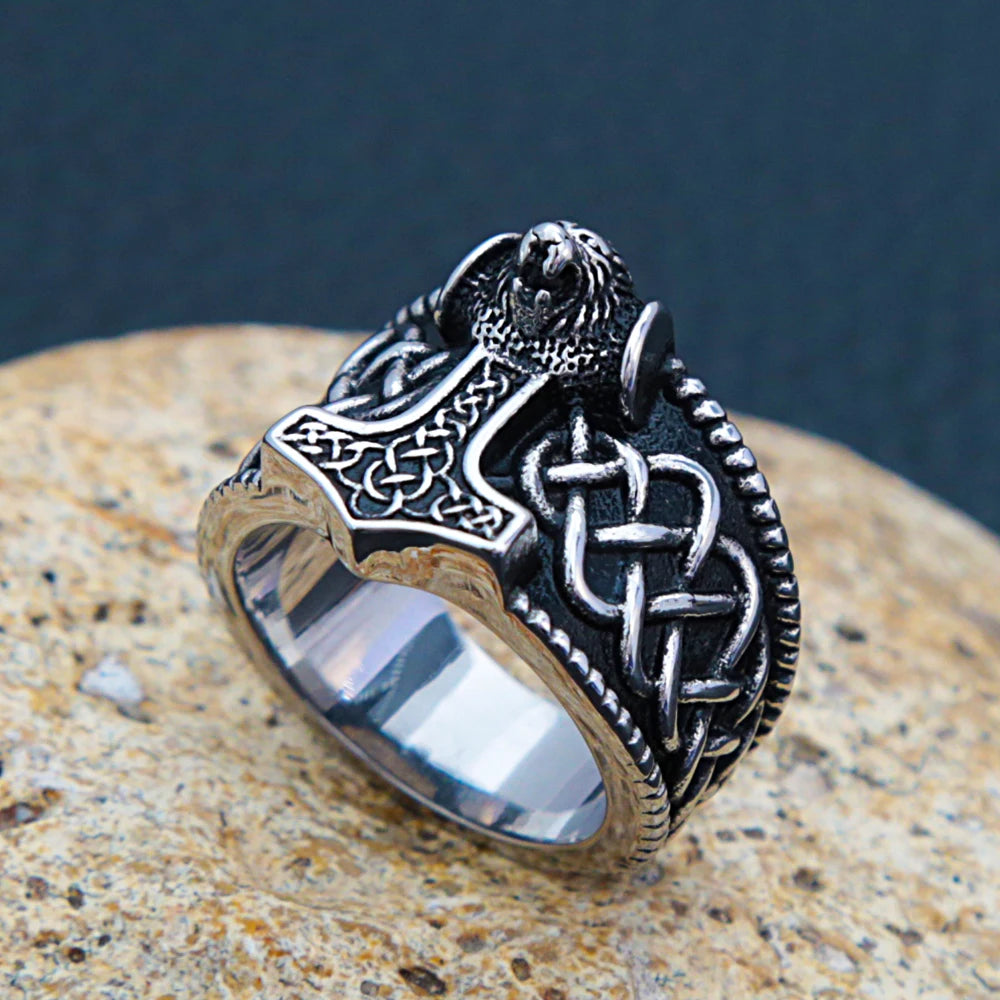 Viking Thor Hammer Bear Head Ring — Stainless Steel