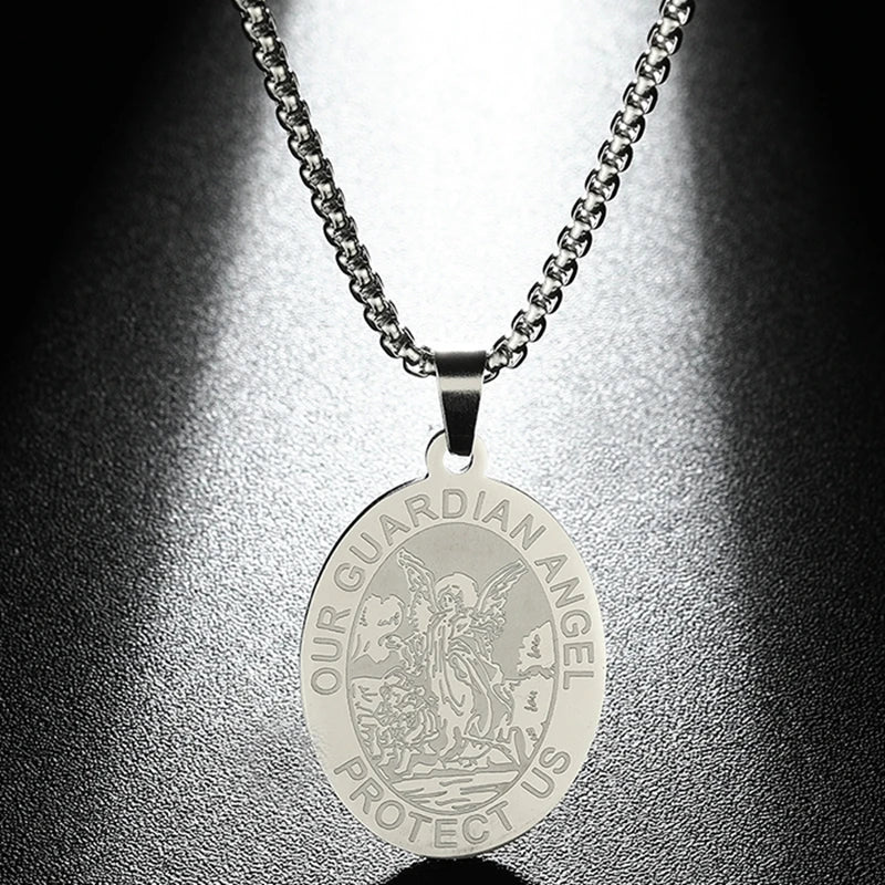 QIMING Dainty Saint George Pendant Necklace For Men Stainless Steel Warrior St. George's Dragon Medallion Mythology