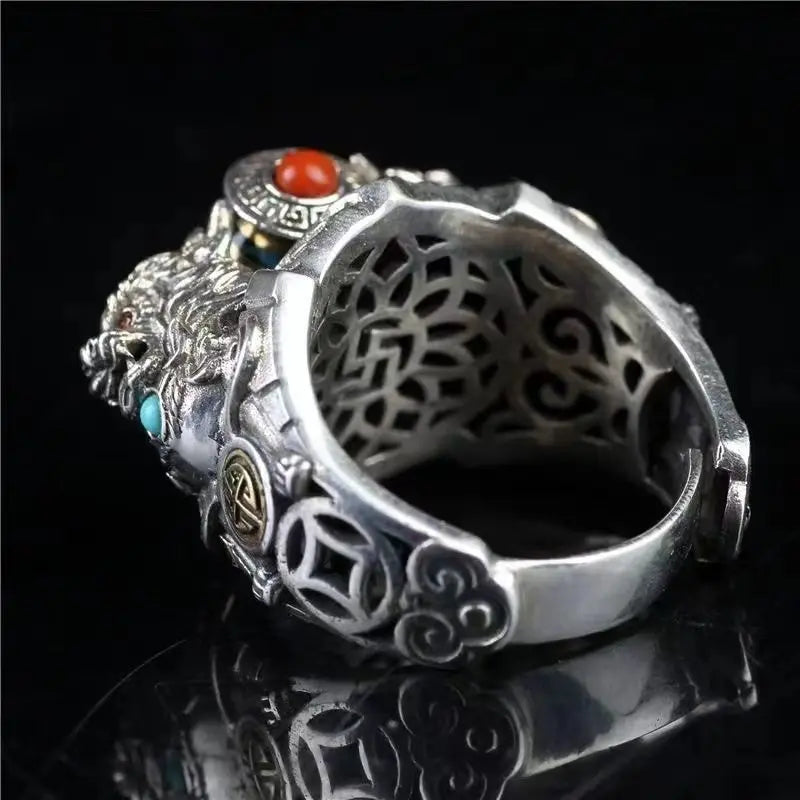 Divine Beast Coin Ring — Ethnic Buddhist Bead Ring for Men