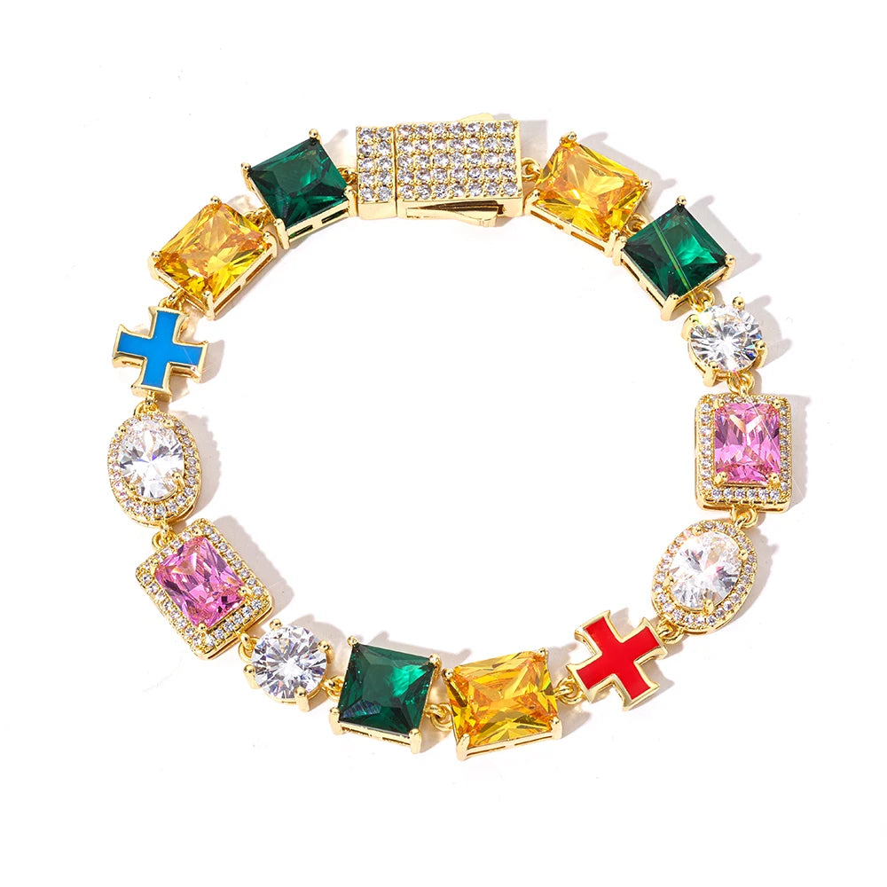 Iced Out Gemstone Necklace Stainless Steel Multi