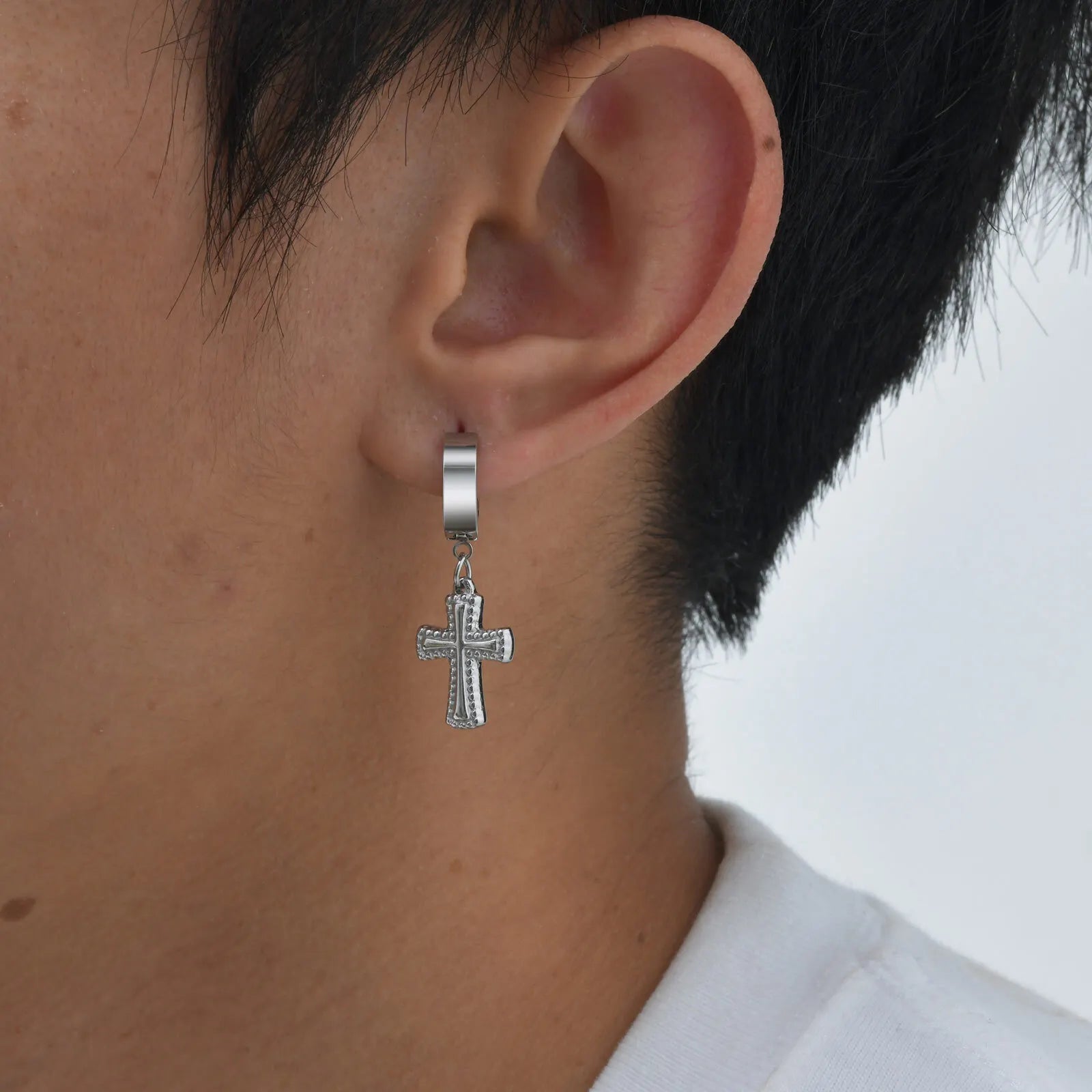 Cross Huggie Hoop Earrings — Stainless Steel