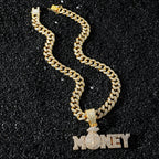 New Iced Out Bling Rhinestone Letters Money Pendant Necklaces,With Cuban Chain Money Bag Dollar Sign Men's Women Hip Hop Jewelry