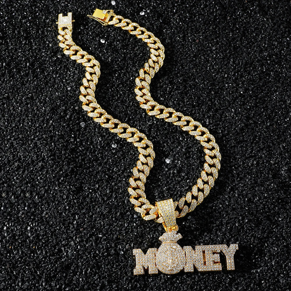 New Iced Out Bling Rhinestone Letters Money Pendant Necklaces,With Cuban Chain Money Bag Dollar Sign Men's Women Hip Hop Jewelry