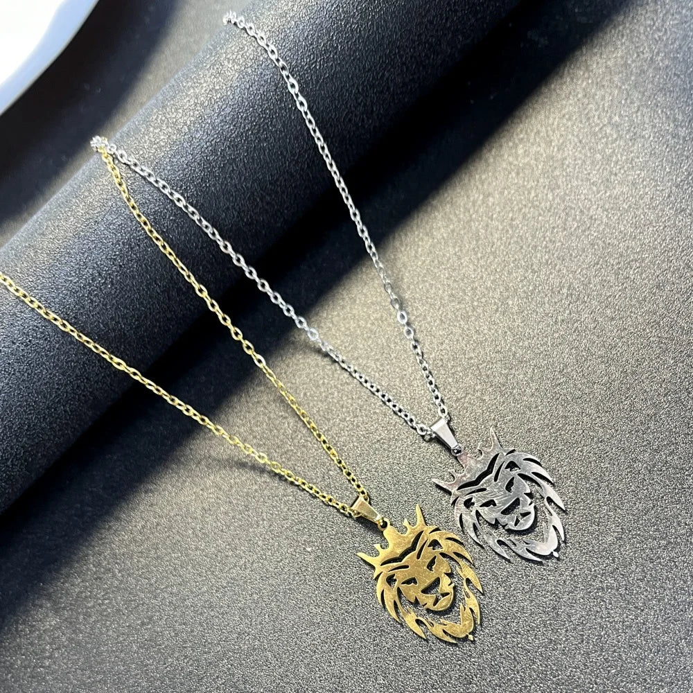Stainless Steel Cut Lion Necklace Gold Plated Pendant Lion Pendant Engraved Disc Charm Wild Lion Men and Women