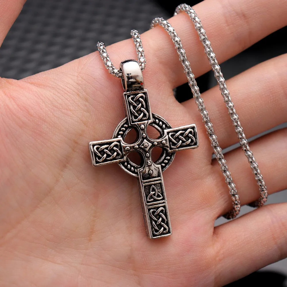 Vintage Celtic Cross Pendant Necklace Men's — Silver-Tone