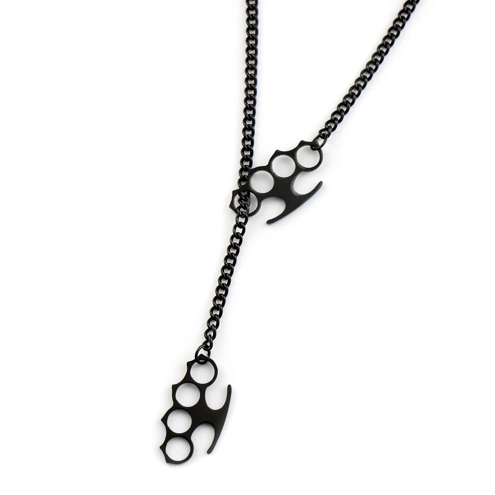 Hip Hop Stainless Steel Knuckles Necklace Black Y‑Shape Chain Knuckle Duster Necklace for Men Women Punk Streetwear