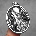 Full Moon Wolf Compass Pendant Necklace — Stainless Steel