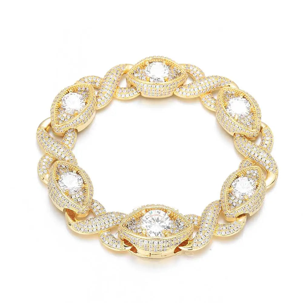 Hip Hop Jewelry 15MM Gold Filled Diamond Infinity Link Bracelet Necklace Set Iced Out CZ Eyes Infinity Cuban Necklace