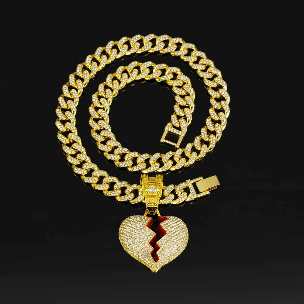 Men Hip Hop Heart Broke Pendant Necklace13mm Miami Cuban Chain HipHop Iced Out Bling Broken Heart Necklace Fashion Charm Jewelry