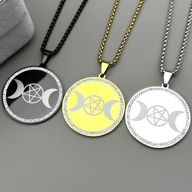 Star Moon Gold Pendant Goddess Triple Pentagram
