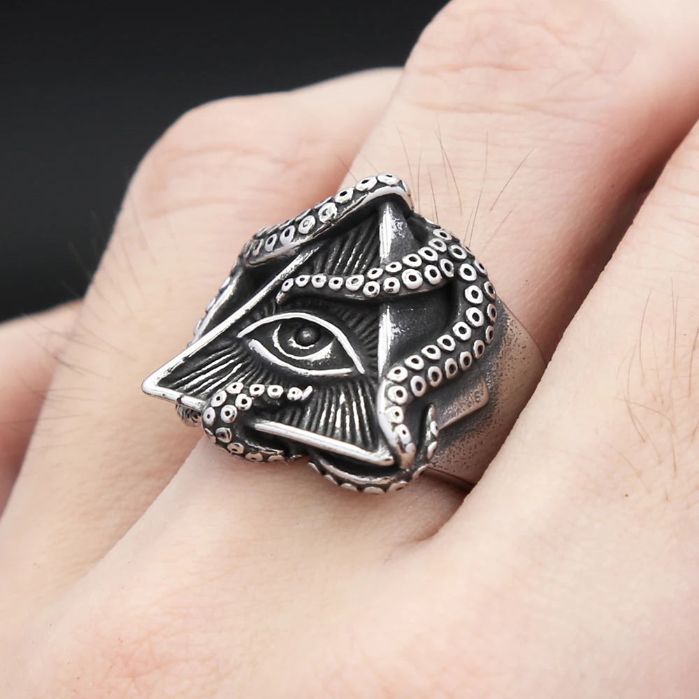 Steel Ring Vintage Masonic Punk Octopus Eyes