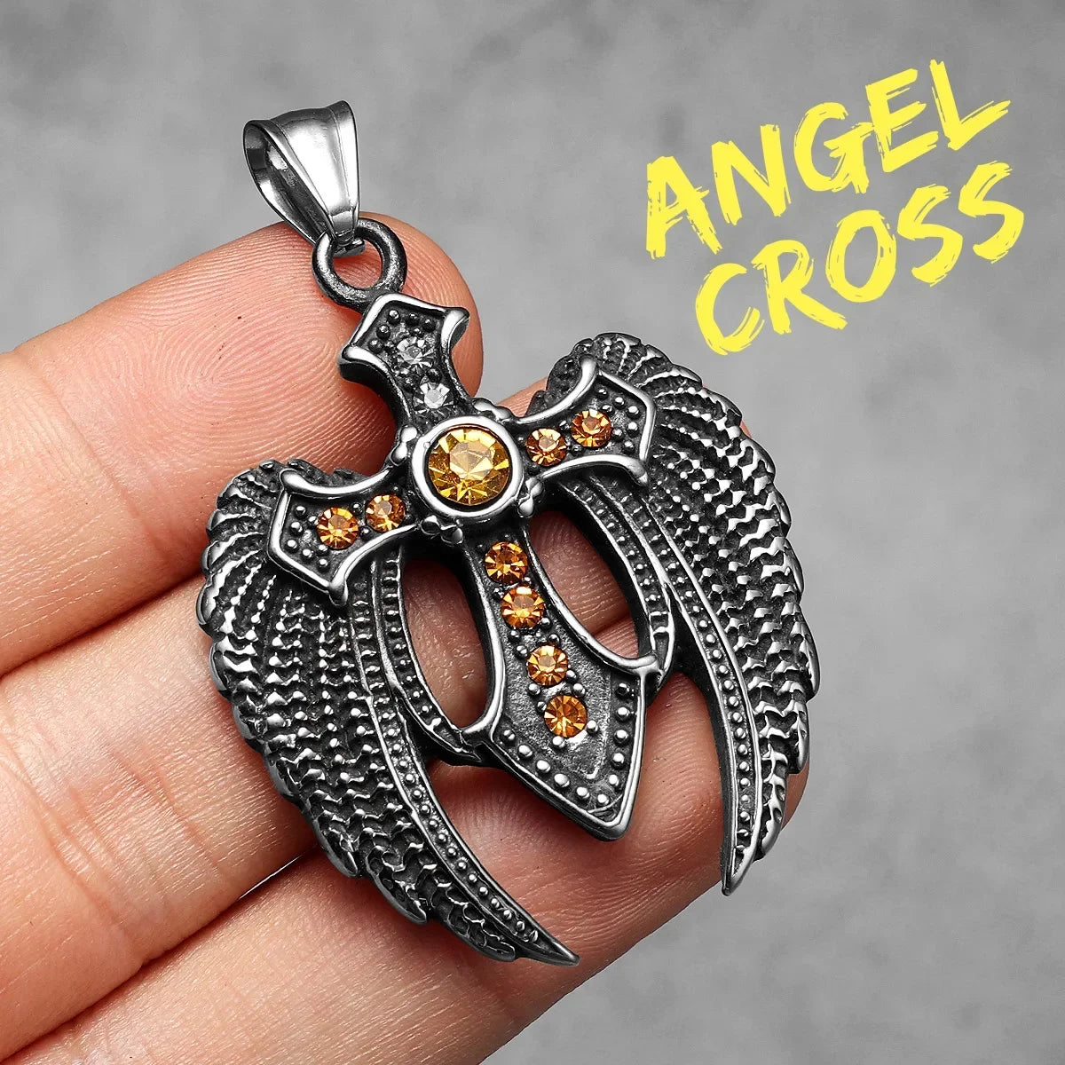 Angel Wing Cross Pendant — Stainless Steel