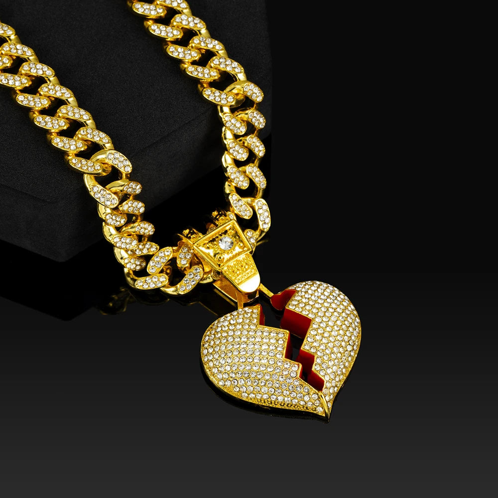 Men Hip Hop Heart Broke Pendant Necklace13mm Miami Cuban Chain HipHop Iced Out Bling Broken Heart Necklace Fashion Charm Jewelry