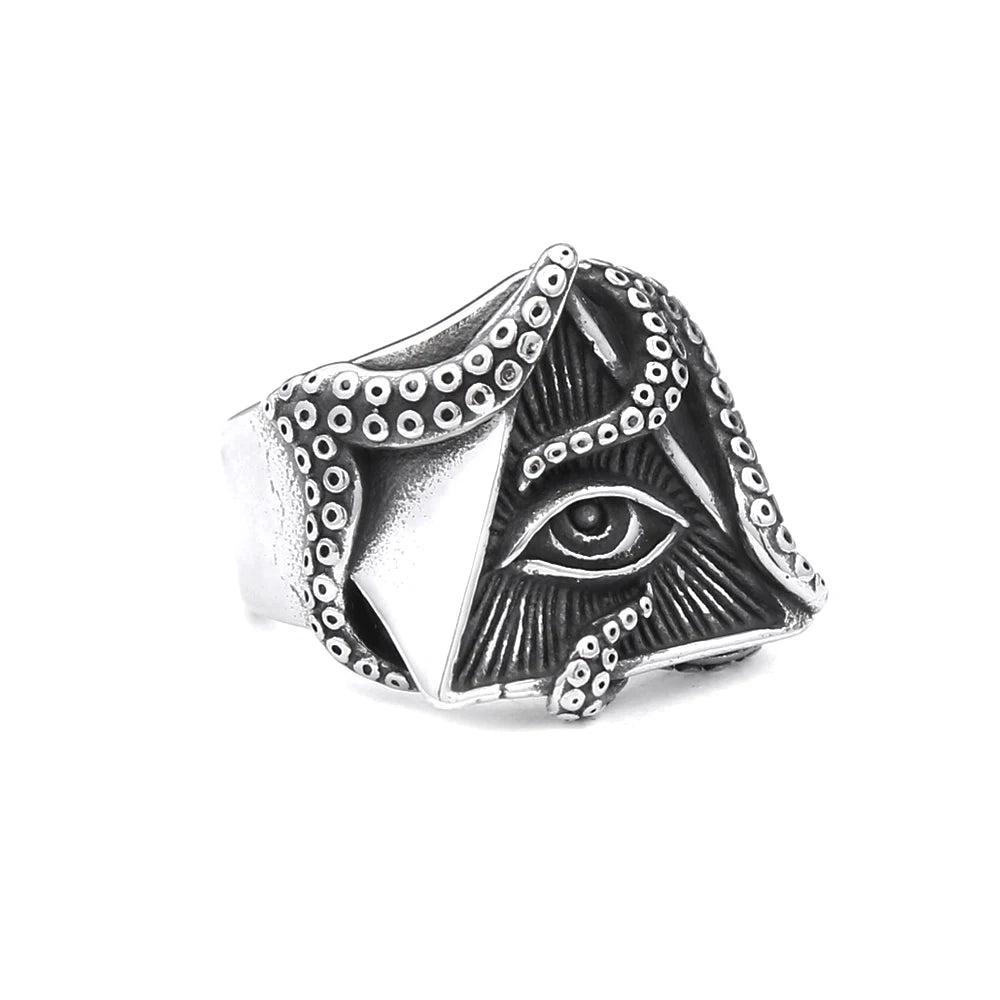 Steel Ring Vintage Masonic Punk Octopus Eyes