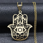 Hamsa Hand Muslims Judaism Hollow Necklace for Women Hand of Fatima Lotus Flower Stainless Steel Necklaces Jewelry Gift