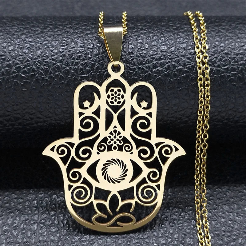 Hamsa Hand Muslims Judaism Hollow Necklace for Women Hand of Fatima Lotus Flower Stainless Steel Necklaces Jewelry Gift