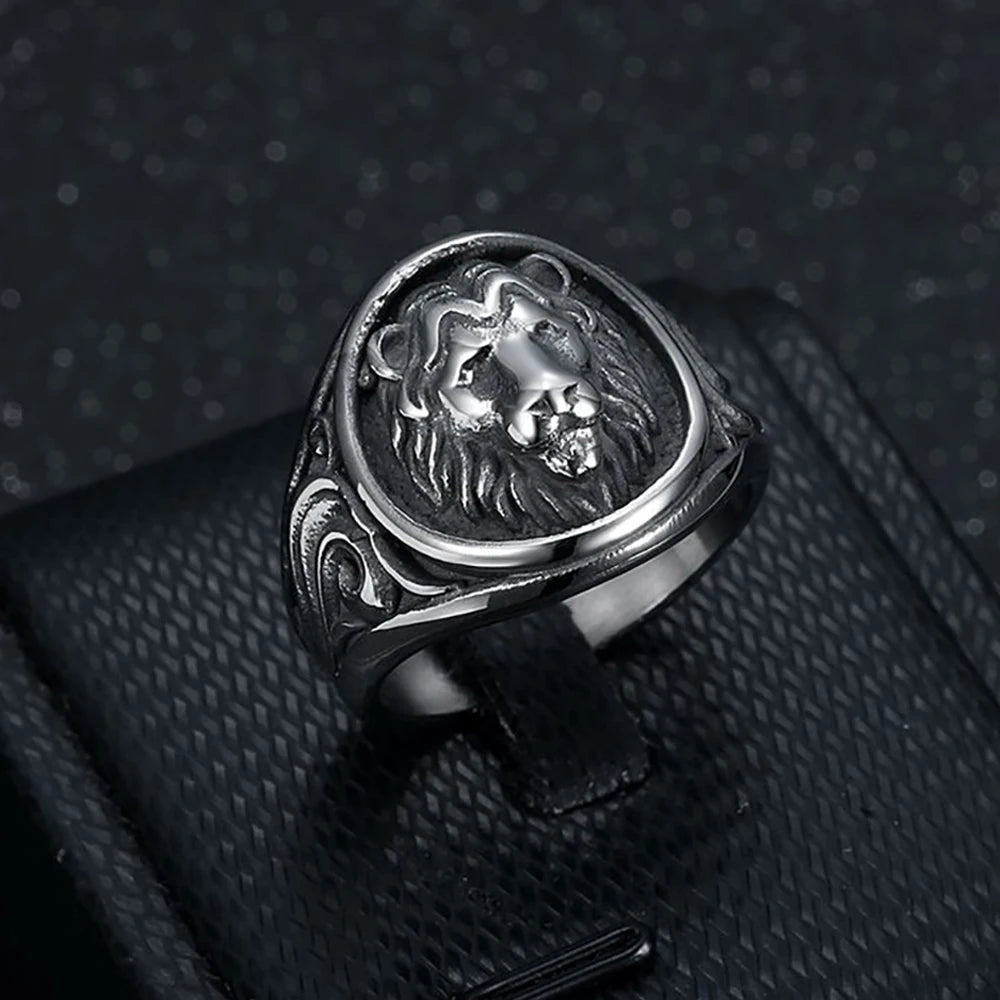 Vintage 316L Stainless Steel Animal Lion Pattern Rings For Men Women Punk Fashion Lion Head Ring Party Jewelry Gift