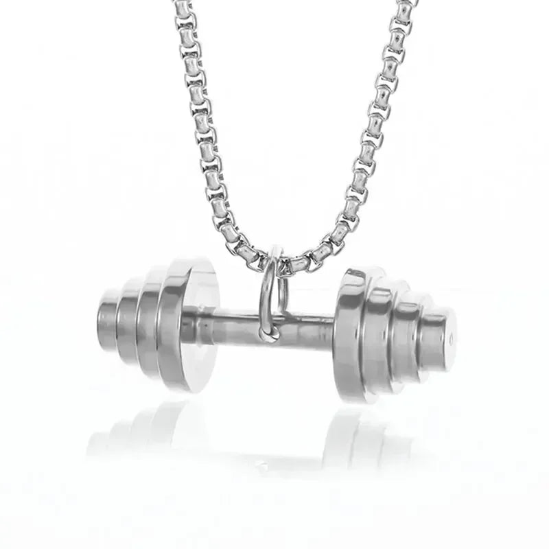 Cool Titanium Steel Dumbbell Pendant Necklace Barbell Fitness Pendant Men and Women Leisure Sports Punk Jewelry