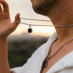 Simple Men Stainless Steel Pendant Necklace Retro Square Black Shell Figaro Chain Necklace Fashion Jewelry Trend Accessories