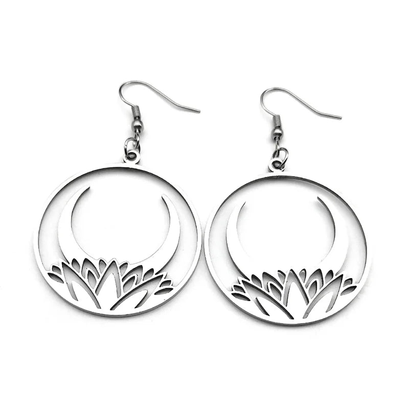Moon Steel Earrings Gothic Flower Crescent Dangle