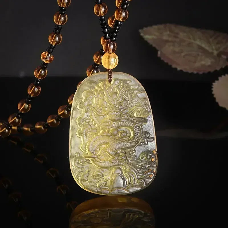 Obsidian Gossip Pendant Necklace Carving Dragon and Phoenix Shape Lucky Amulet Jewelry Six-Character Mantra Pearl