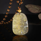 Obsidian Gossip Pendant Necklace Carving Dragon and Phoenix Shape Lucky Amulet Jewelry Six-Character Mantra Pearl
