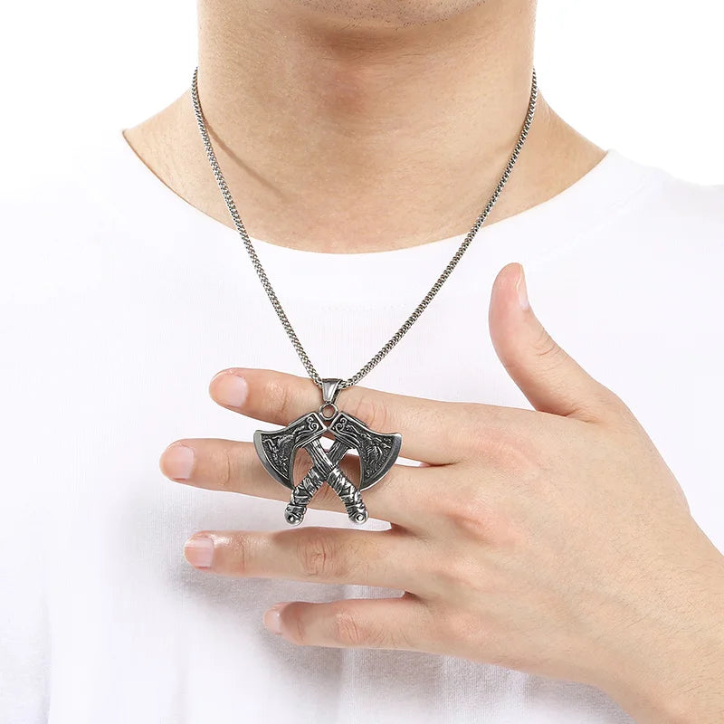 Stainless Steel Viking Axe Pendant Necklace for Men Vintage Norse Double Axe Wolf Head Amulet Necklaces Punk Gothic