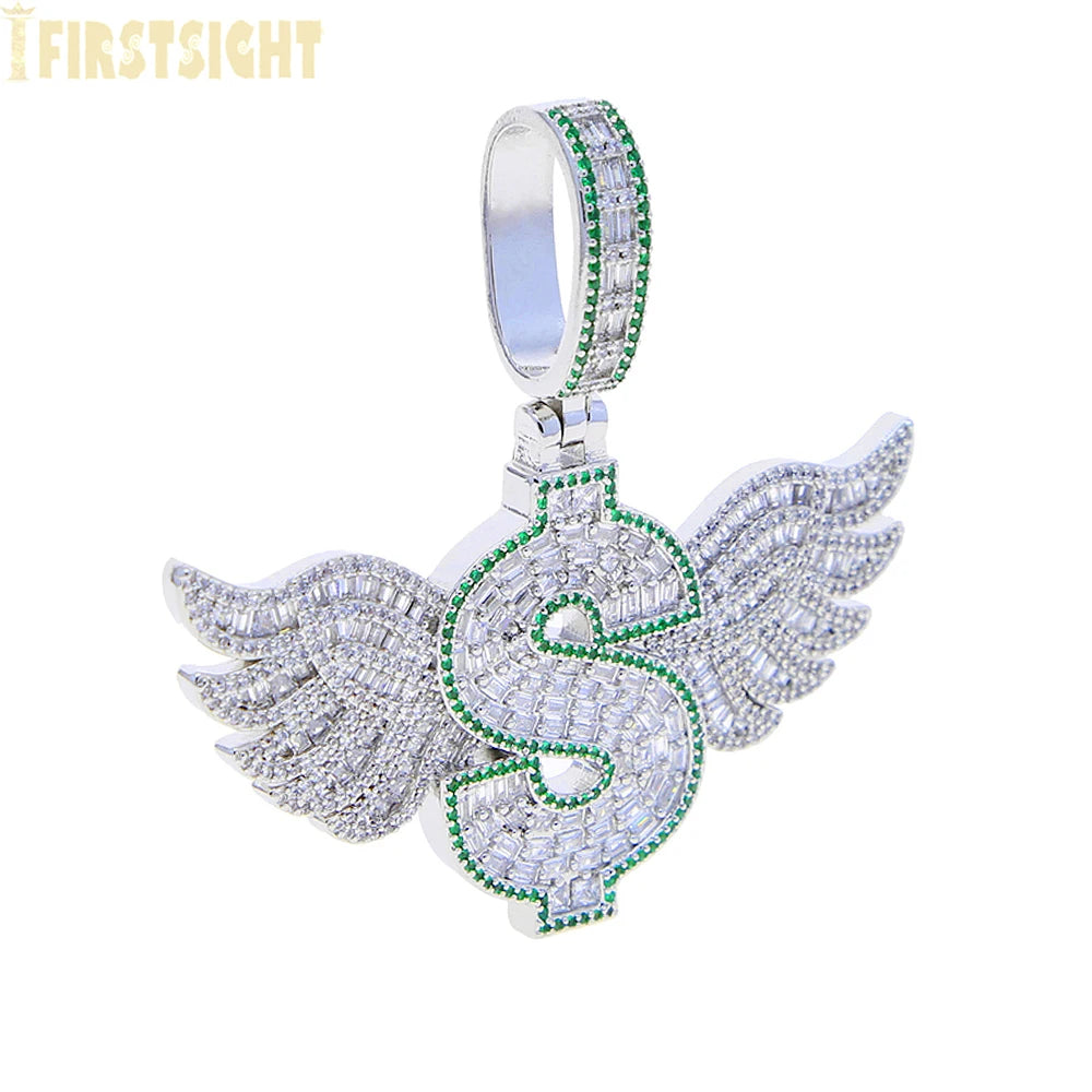 New Hip Hop Money Pendant Necklace Gold Color Iced Out Bling CZ Cubic Zirconia Letters Rich Dollar Charm Men Women