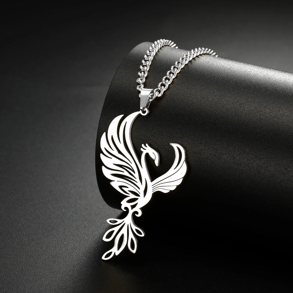 Phoenix Necklace Gift for Woman Men Couple Kid Child Reborn God Bird Supernatural Amulet Pendant Stainless Steel Chain