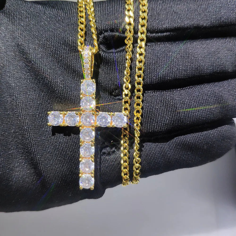 Iced Out Cross Pendant Necklace Stainless Steel CZ