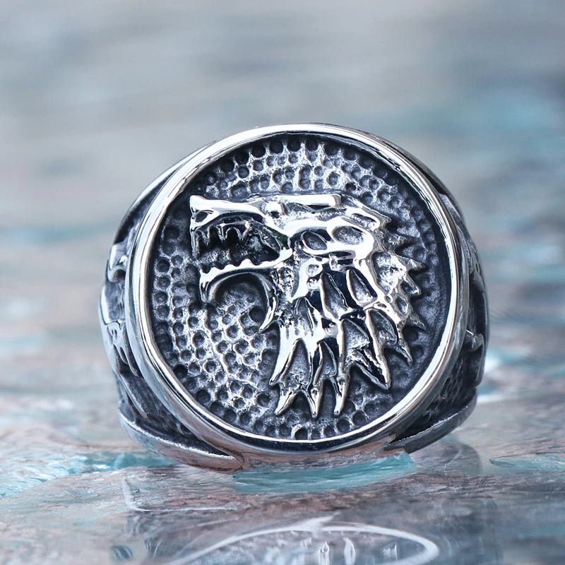 Retro Viking Stainless Steel Wolf Ring Men Biker Ice Wolf House Stark Winterfell Animal Ring Nordic Fashion Jewelry