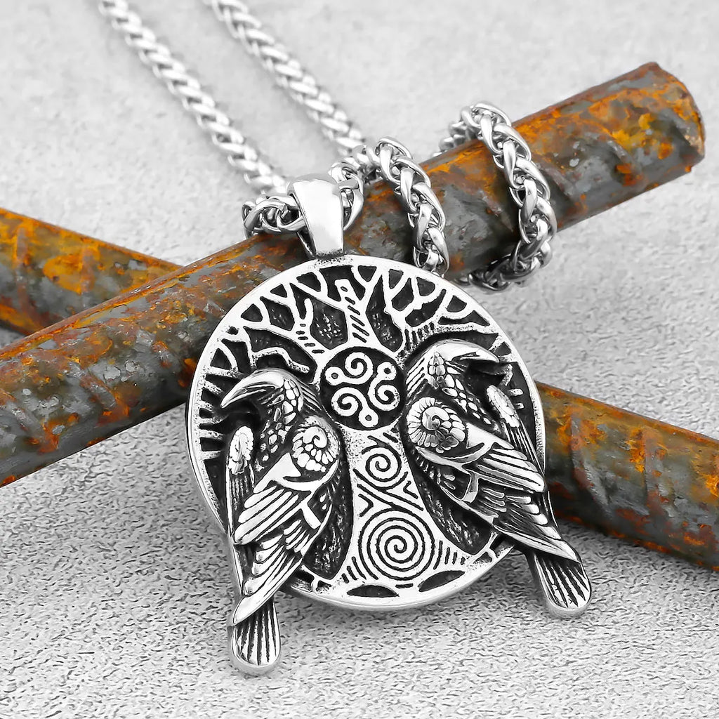 Nordic Odin Crow Skull Pendant Necklace Gothic Stainless Steel Raven Skull  Compass Rune Necklace for Men Punk Jewelry Wholesale