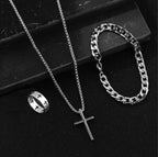 3pcs Stainless Steel Suit Jewelry Set For Men, Hip-hop Cross Pendent Necklace, Bracelet And Ring Set
